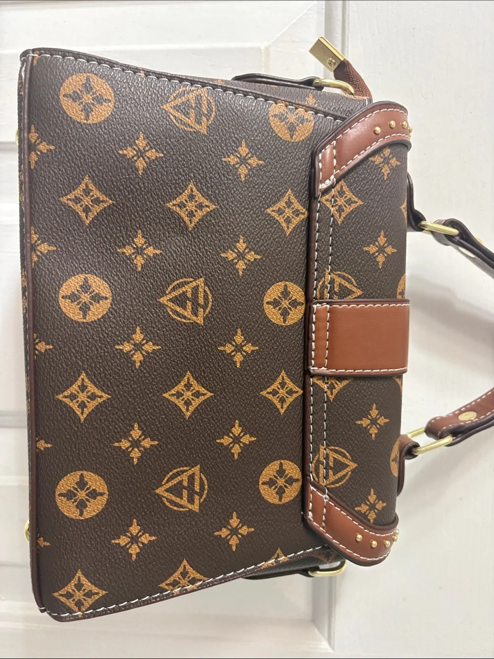 Brown Monogram-Style Top Handle Satchel with Gold Clasp